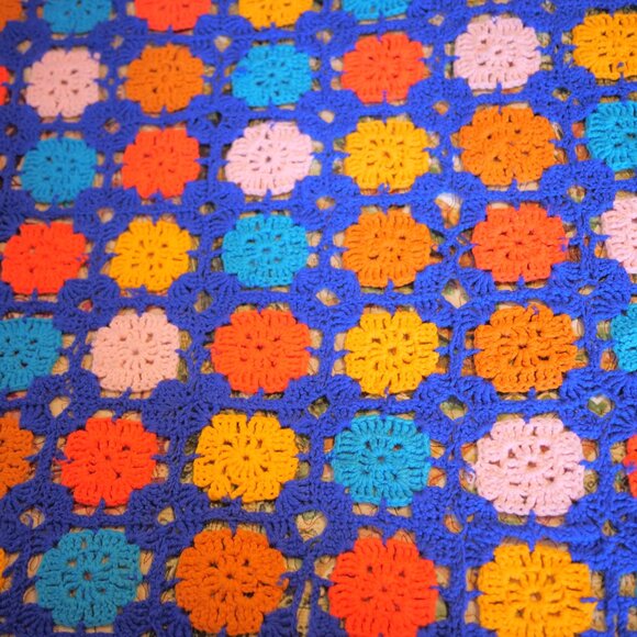 vtg Blue Orange Crochet Granny Square Flower Afghan Throw Boho Hippie 57" x 81" - Picture 5 of 9